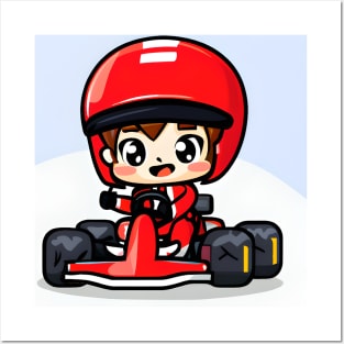 A Go-kart with a Boy in Red Racing Overalls in Kawaii Chibi style Posters and Art